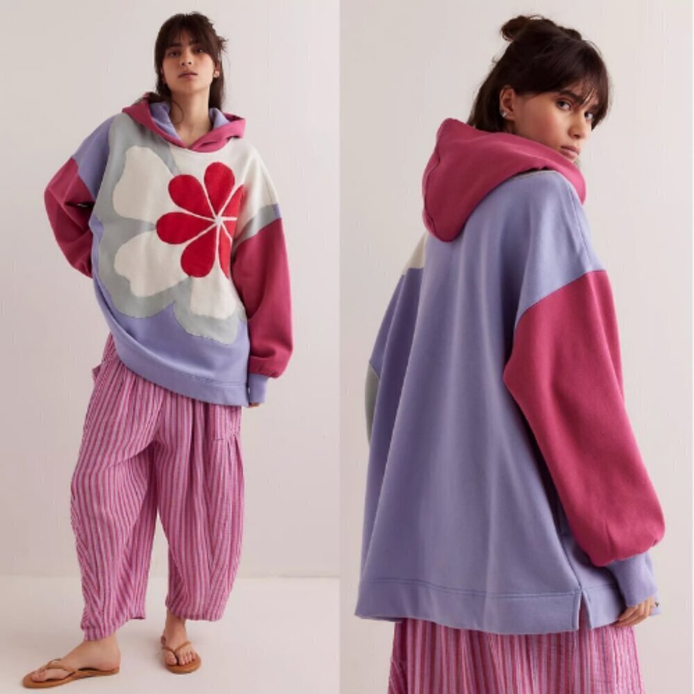 New! Free People Clover Red and Gray Floral Hoodie Medium nbnn
